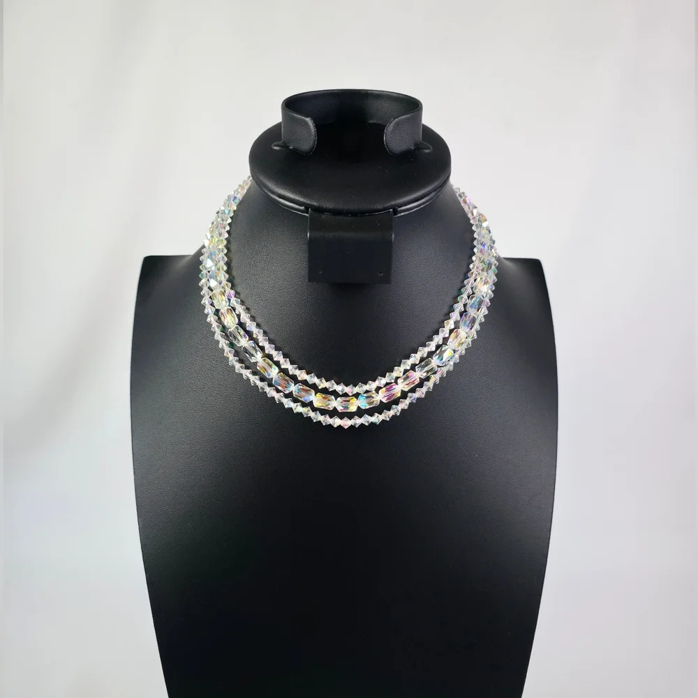 Vintage AB Necklace Triple Strand Faceted Austrian Crystals Aurora Borealis - Picture 1 of 7